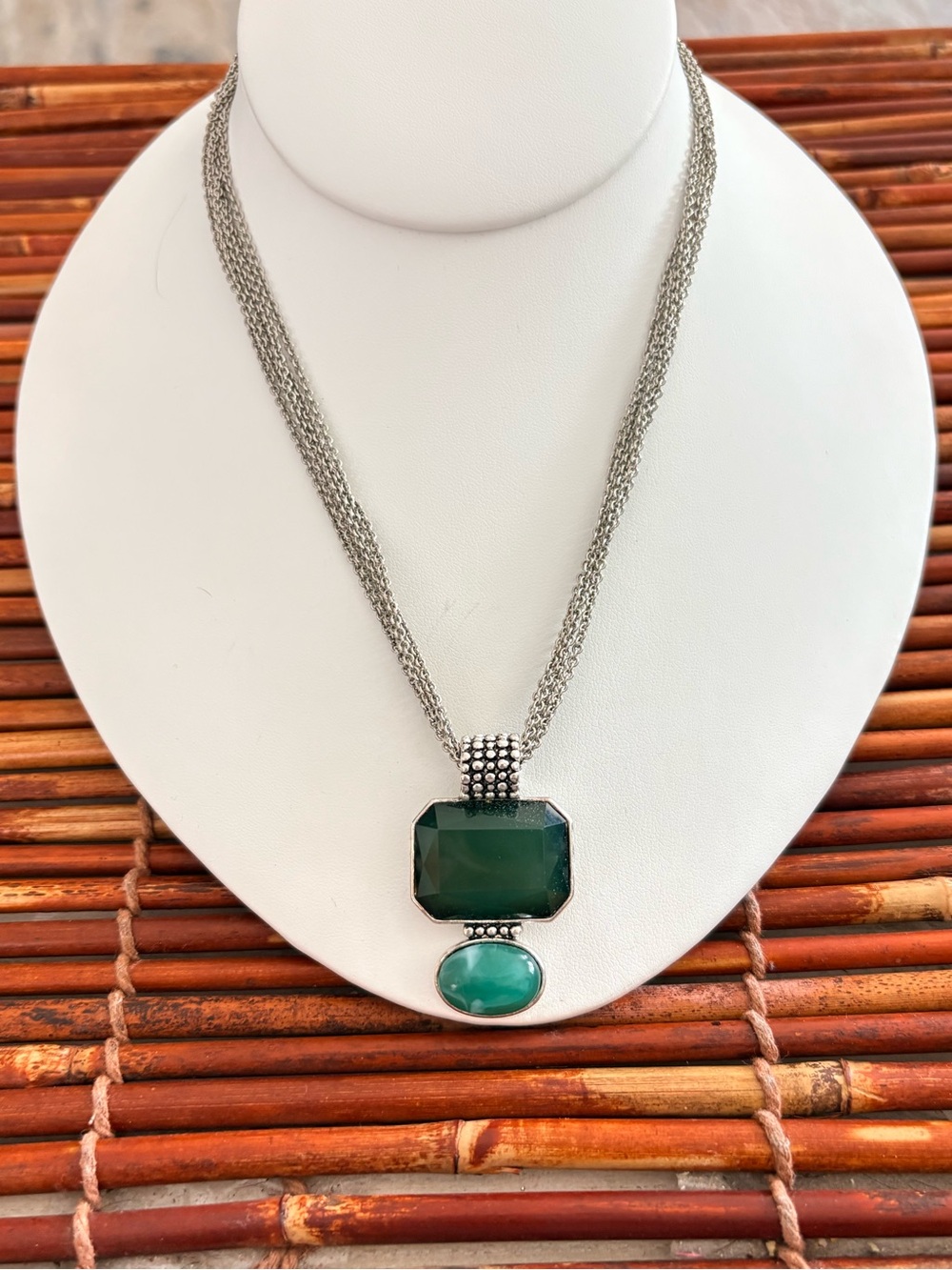Lia Sophia Silver-Tone Necklace with Emerald Green and Teal Stones 16”-19”